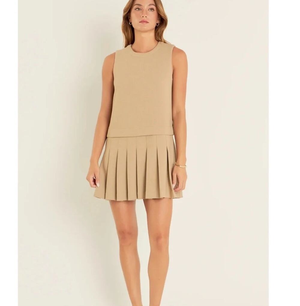 English Factory Sleeveless Pleated Mini Dress Beige Minimalist Womens Size M